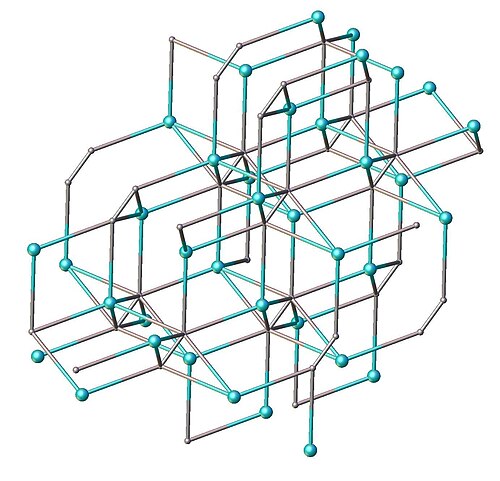 Structure de l'acétylure de sodium [Na+]2C≡C2−.[6] Code couleur : gris = C, bleu = Na.
