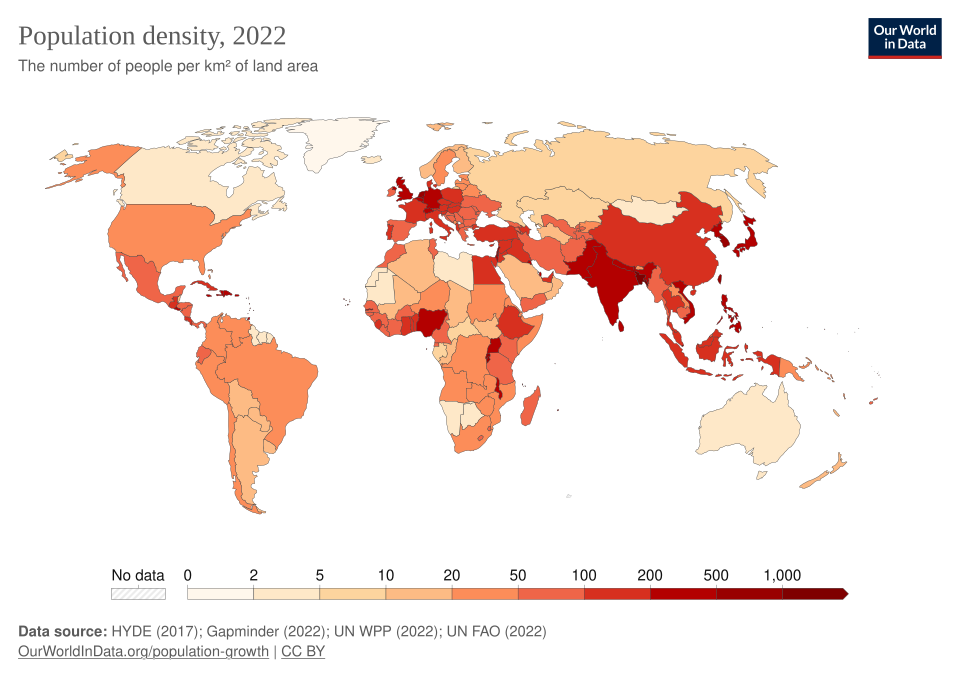 Densité de population (habitants par km²) par pays