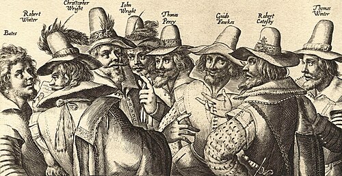 Angleterre, XVIIe siècle (détail d'une gravure contemporaine des conspirateurs de la poudre à canon)