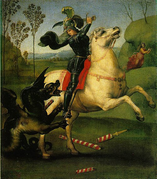 Saint Georges et le Dragon, petite œuvre (29 x 21 cm) pour la cour d'Urbino (Louvre)