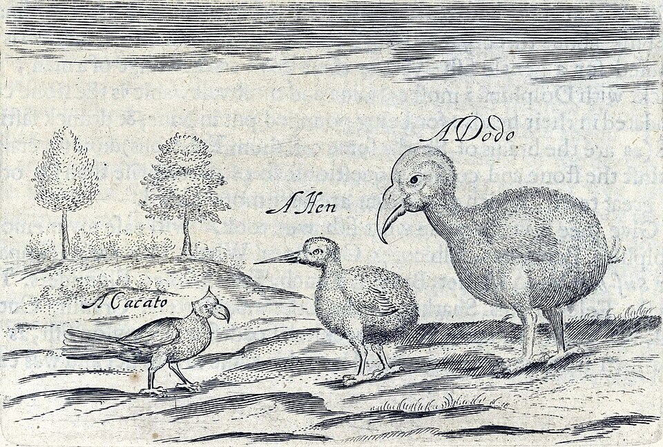 Crude sketch of three terrestrial birds, captioned with the words "a Cacato, a Hen, a Dodo"