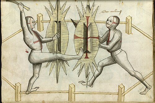 Coup de pied utilisé dans le combat armé comme moyen de déplacer le bouclier de l'adversaire dans les arts martiaux européens historiques (Hans Talhoffer 1459)