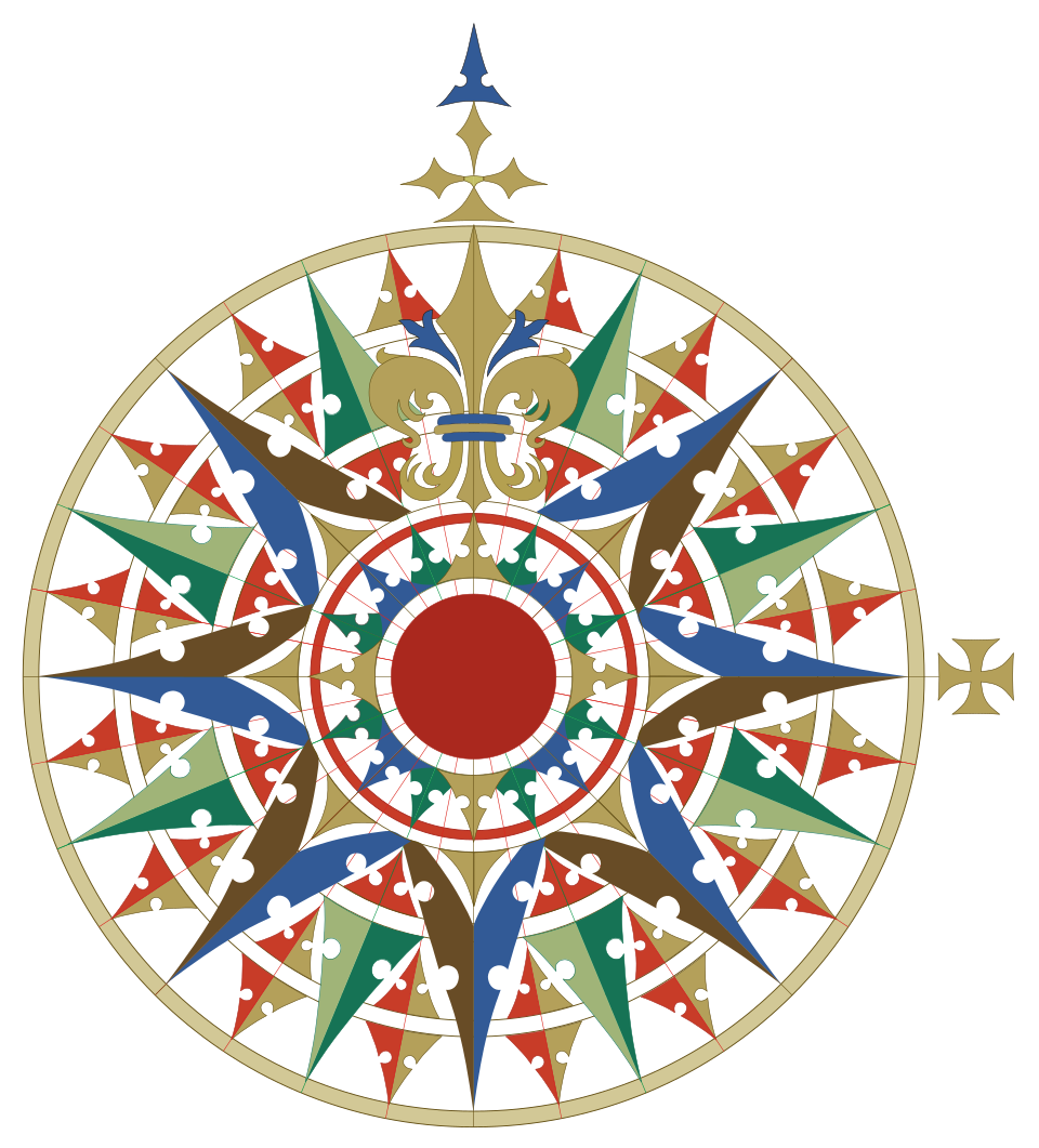 Rose des vents très ornée, avec la fleur de lys comme marque du nord et la croix pattée comme marque de l'est, provenant du planisphère de Cantino (1502)