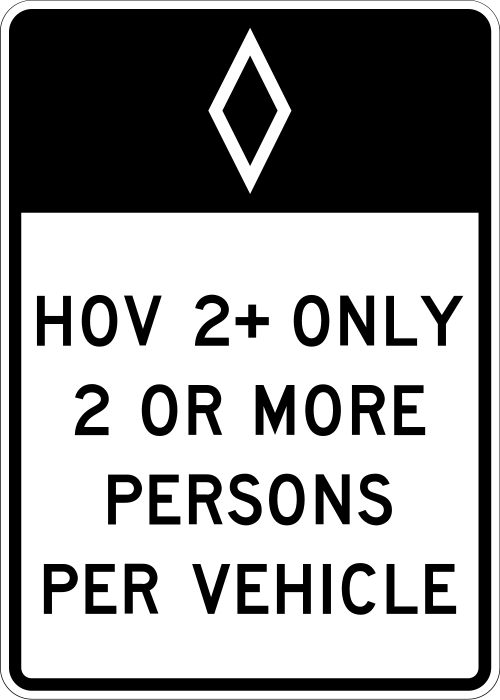 Panneau de signalisation de restriction de circulation standard aux États-Unis. Le symbole en forme de losange (◊) indique une restriction de voie réservée aux véhicules à occupation multiple avec deux occupants ou plus.