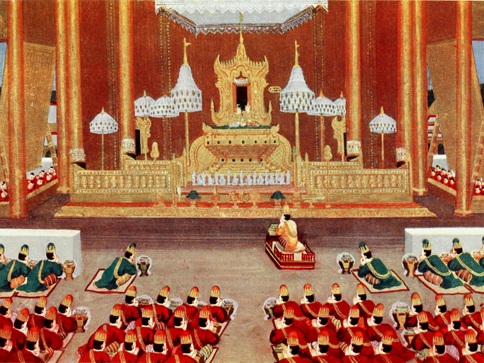 Il flanque le trône dans « L'audience royale » de Saya Chone, 1907.