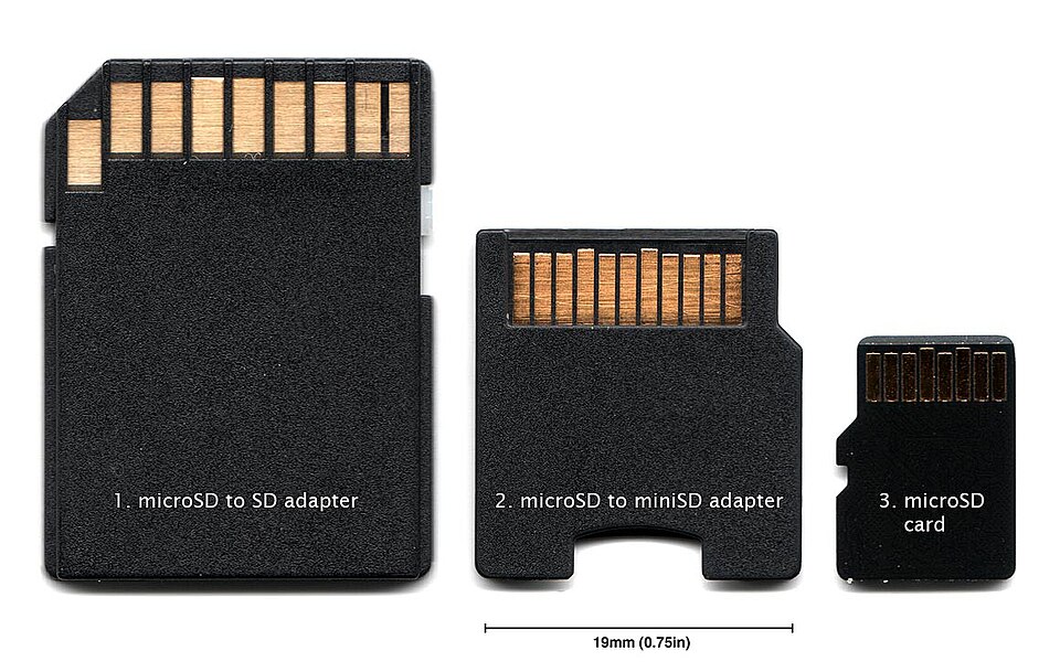 Adaptateur microSD vers SD (à gauche), adaptateur microSD vers miniSD (au centre), carte microSD (à droite)