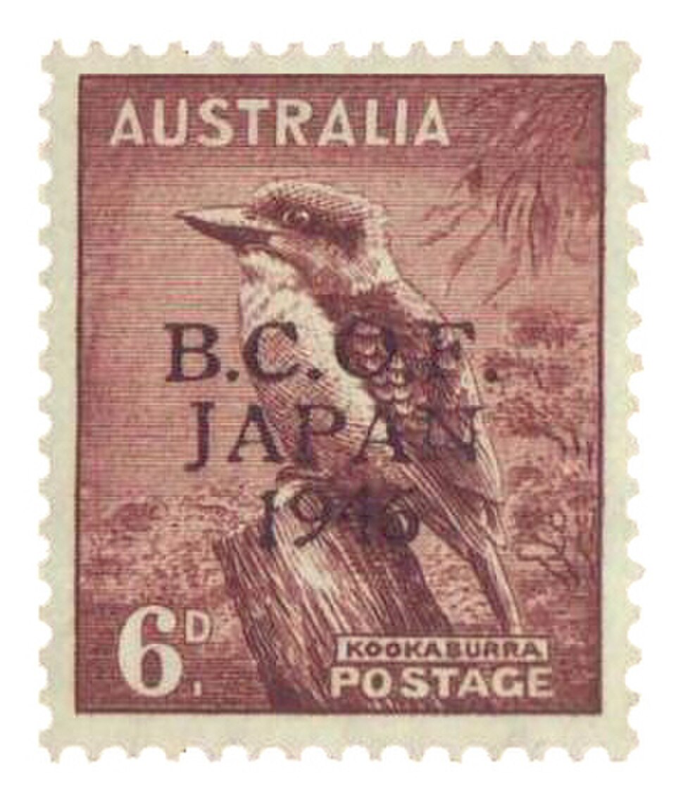Australie, 1946 : Timbre kookaburra excédentaire de 1937 surchargé pour être utilisé par les forces d’occupation du Commonwealth britannique au Japon