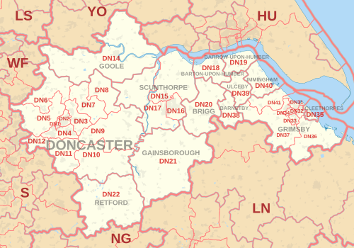 Carte de la zone de code postal DN, indiquant les districts postaux, les villes postales et les zones de code postal voisines.