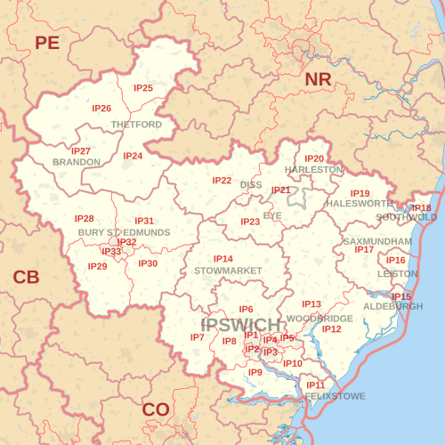 Carte des zones de codes postaux IP, montrant les districts postaux, les villes postales et les zones de codes postaux voisines.