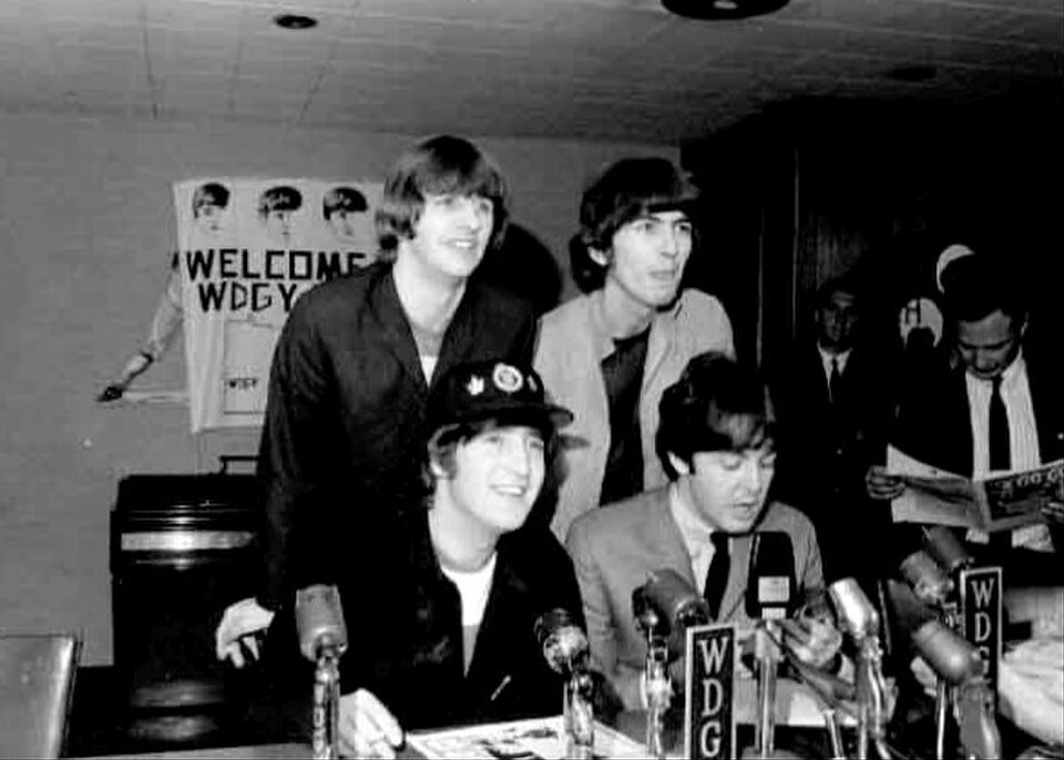 Les Beatles lors d'une conférence de presse en août 1965