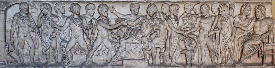 Scènes du mythe d'Admète et d'Alceste. Marbre, sarcophage de C. Junius Euhodus et Metilia Acte, 161-170 ap. J.-C.