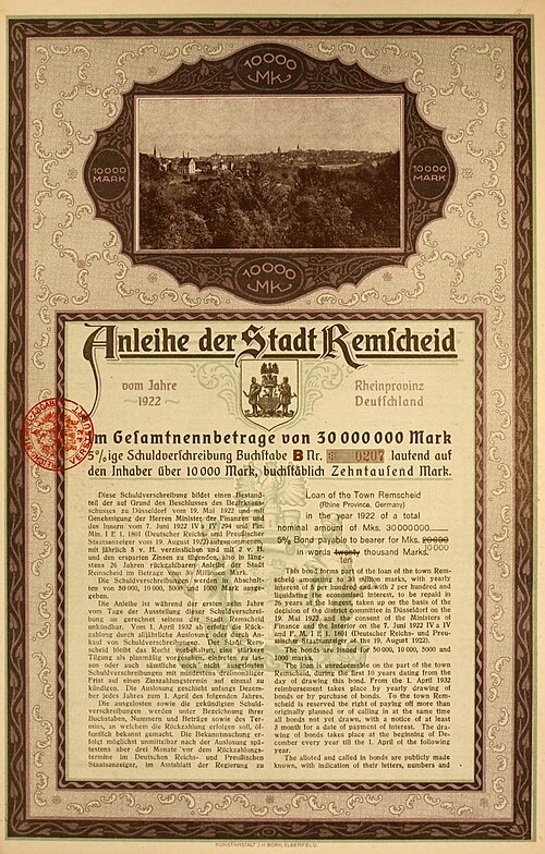 Obligation de la ville de Remscheid, émise le 25 août 1922
