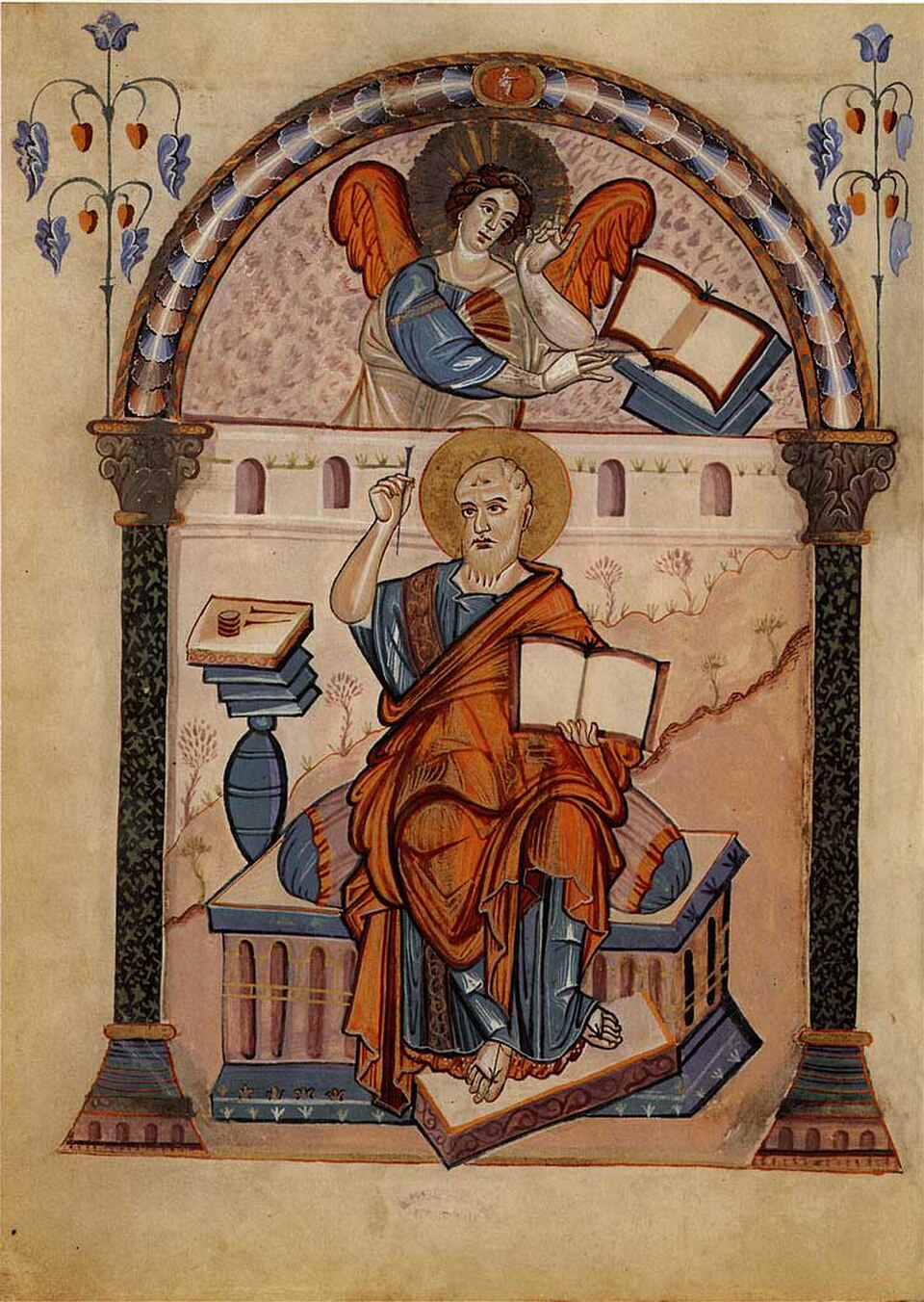Portrait d'un évangéliste carolingien tiré du Codex Aureus de Lorsch, d'après un modèle de l'Antiquité tardive, fin du VIIIe siècle