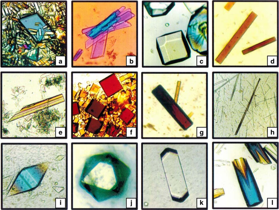 Cristaux de protéines cultivés par des scientifiques américains à bord de la station spatiale russe Mir en 1995[82]
