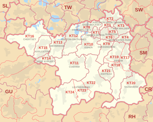 Carte de la zone de code postal KT, montrant les districts postaux, les villes postales et les zones de code postal voisines.