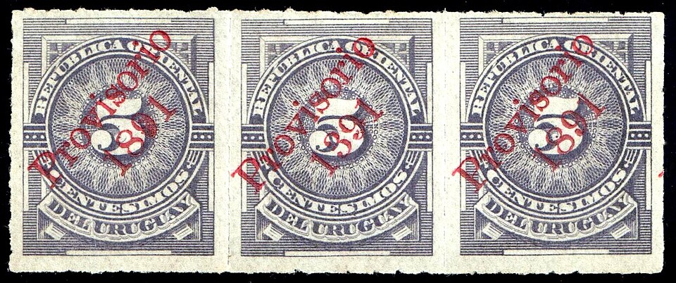 Uruguay, 1891 : Erreur de surcharge du timbre de 5 c, timbre central avec « Provisorio 1391 » au lieu de « Provisorio 1891 ».