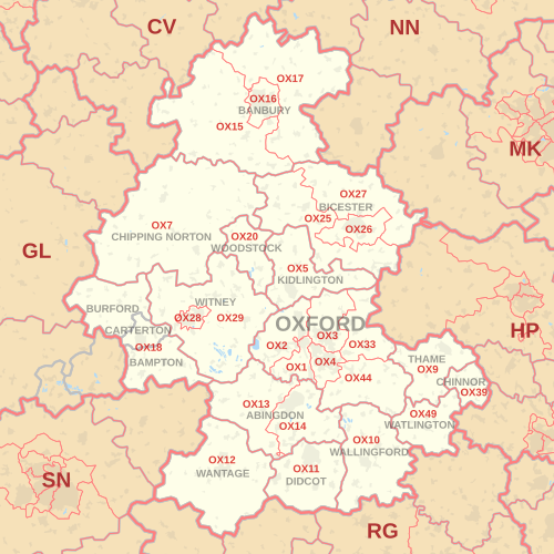 Carte de la zone de code postal OX, indiquant les districts postaux, les villes postales et les zones de code postal voisines.