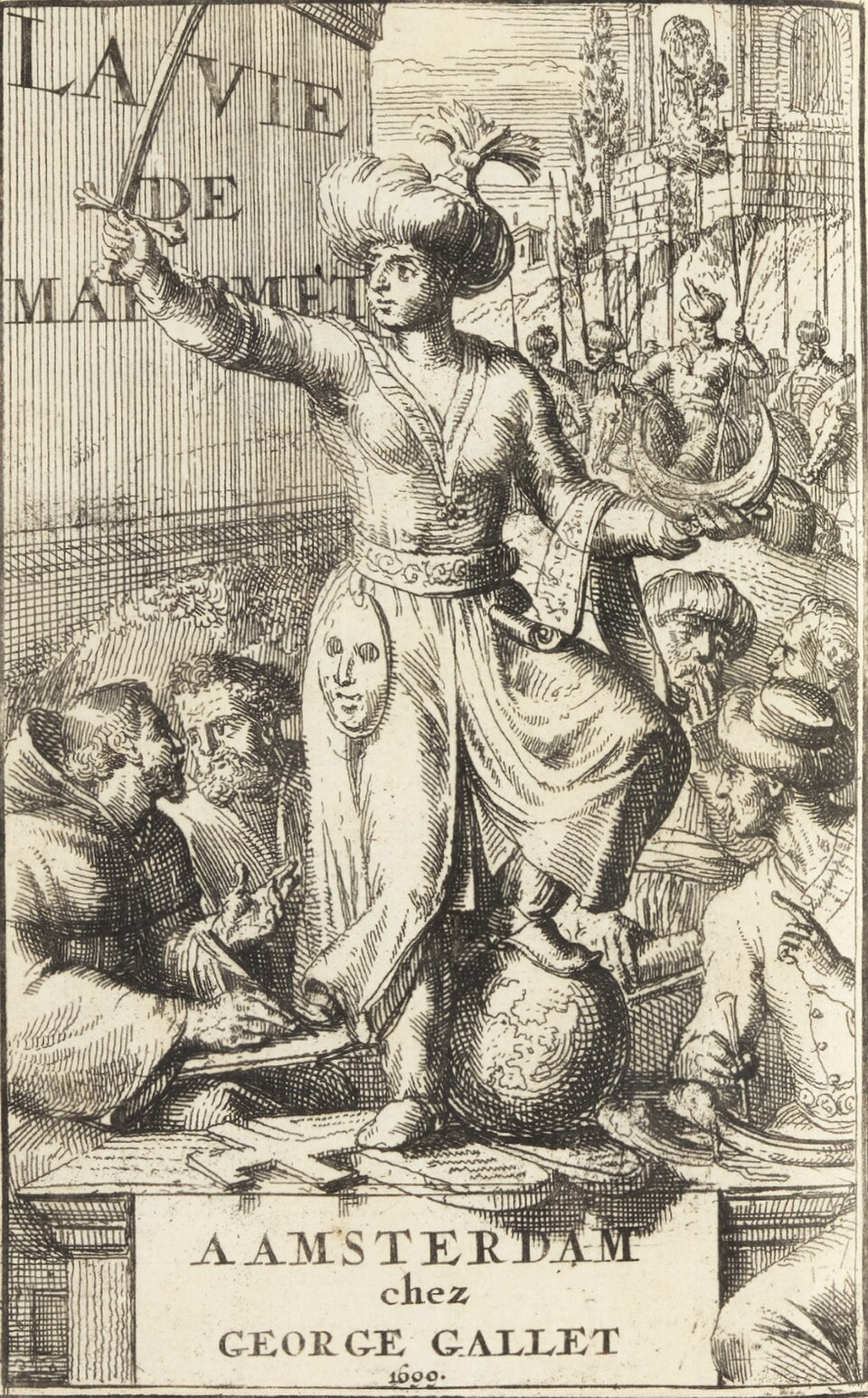Illustration tirée de La vie de Mahomet, par M. Prideaux, publié en 1699. Elle montre Mahomet tenant une épée et un croissant tout en foulant aux pieds un globe, une croix et les Dix Commandements.