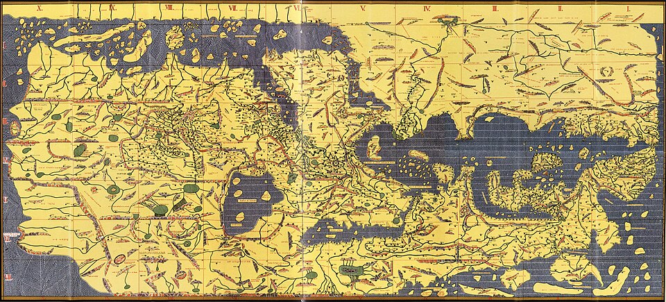 La Tabula Rogeriana, carte du monde de Muhammad al-Idrisi datant de 1154, présente le nord en bas.