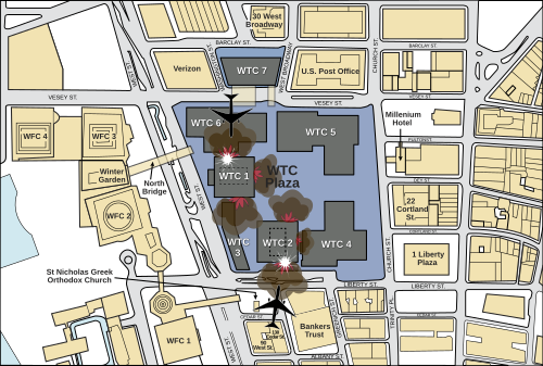 Ground Zero et ses environs vus directement d'en haut, illustrant l'endroit où les deux avions ont percuté les tours