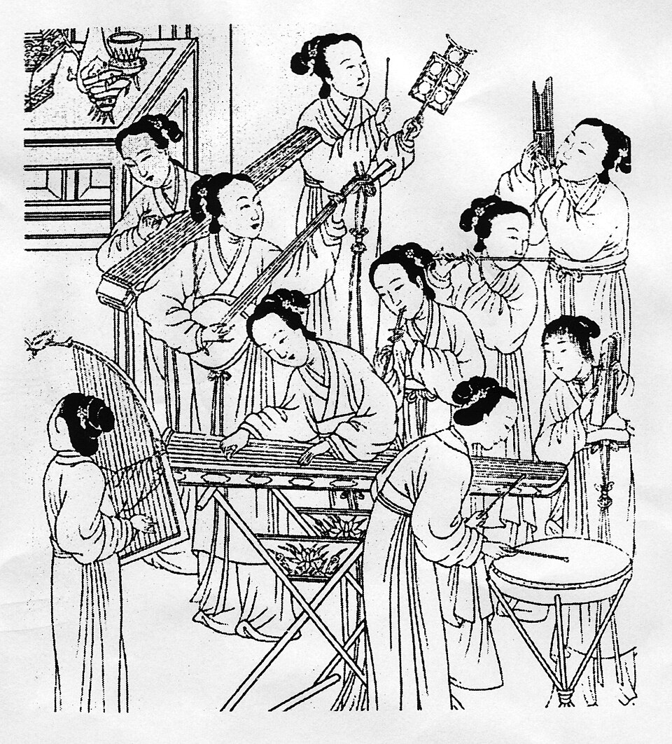 Gravure chinoise ancienne représentant des instrumentistes féminines