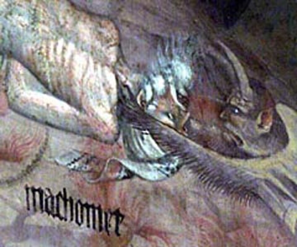 Fresque du début de la Renaissance illustrant l'Enfer de Dante. Mahomet y est représenté entraîné vers les profondeurs de l'Enfer.