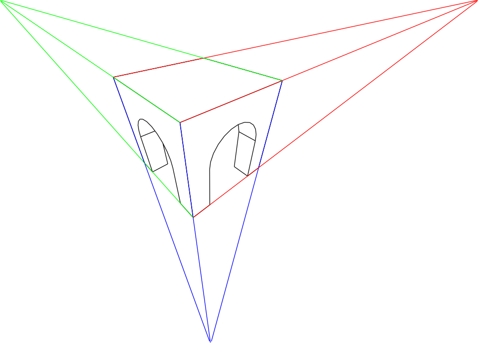 Un cube en perspective à trois points où, par rapport au cube ci-dessus en perspective à deux points, il existe un point de fuite supplémentaire bien en dessous du cube, d'où partent des lignes droites qui coïncident avec les arêtes verticales du cube.