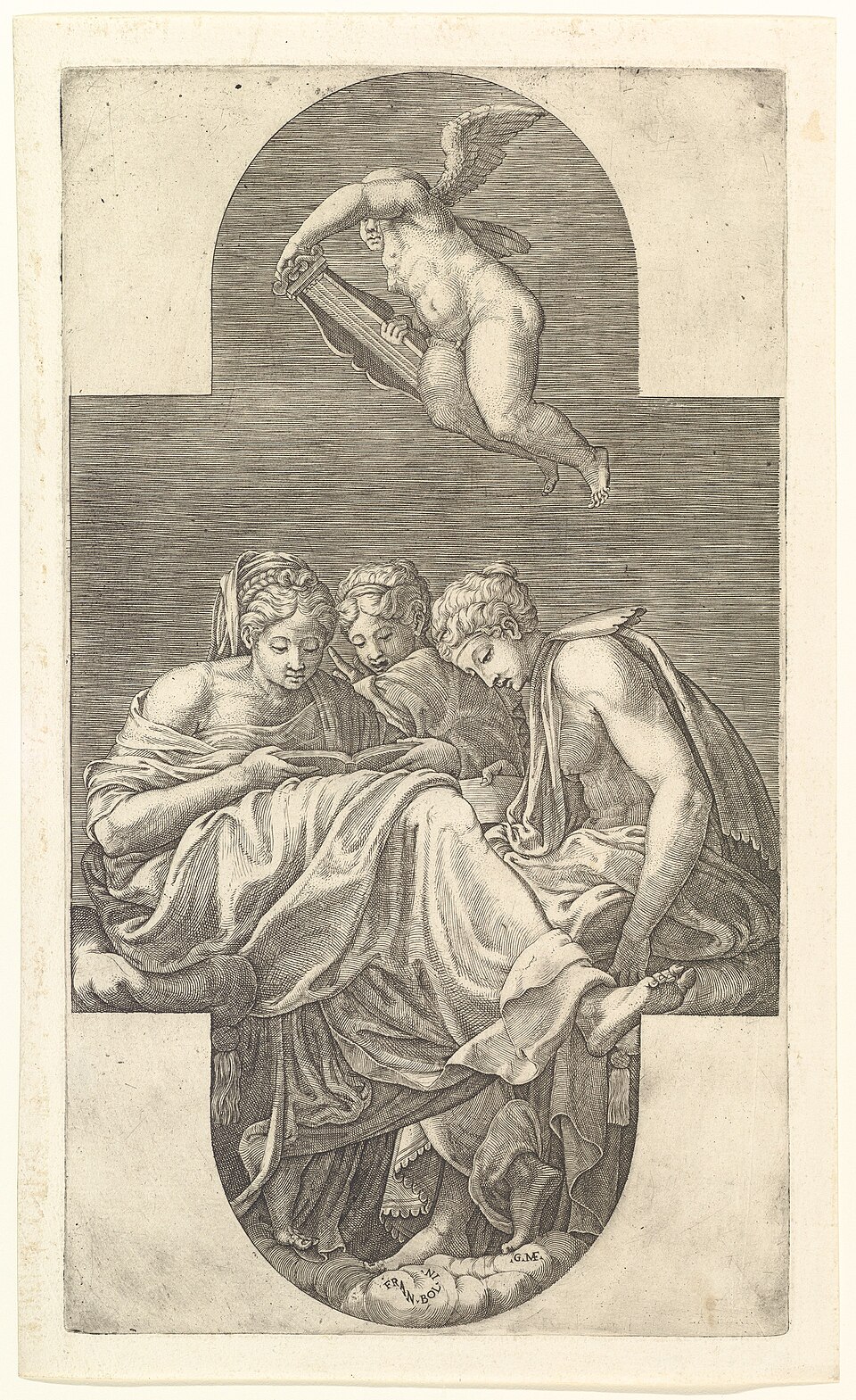Trois Muses et un Putto avec une Lyre, une composition en forme de croix