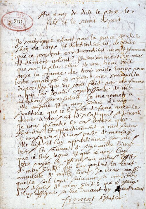 Testament olographe manuscrit de Fermat du 4 mars 1660, conservé aujourd'hui aux Archives départementales de la Haute-Garonne, à Toulouse