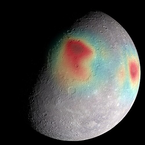 Les concentrations de masse (rouge ; bassin de Caloris au centre, plaine de Sobkou à droite), détectées via des anomalies de gravité, fournissent des preuves de la structure et de l'évolution du sous-sol.