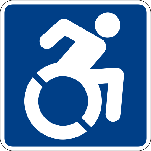 Ligne blanche représentant une personne penchée en avant, le bras levé pour propulser un fauteuil roulant sur fond bleu