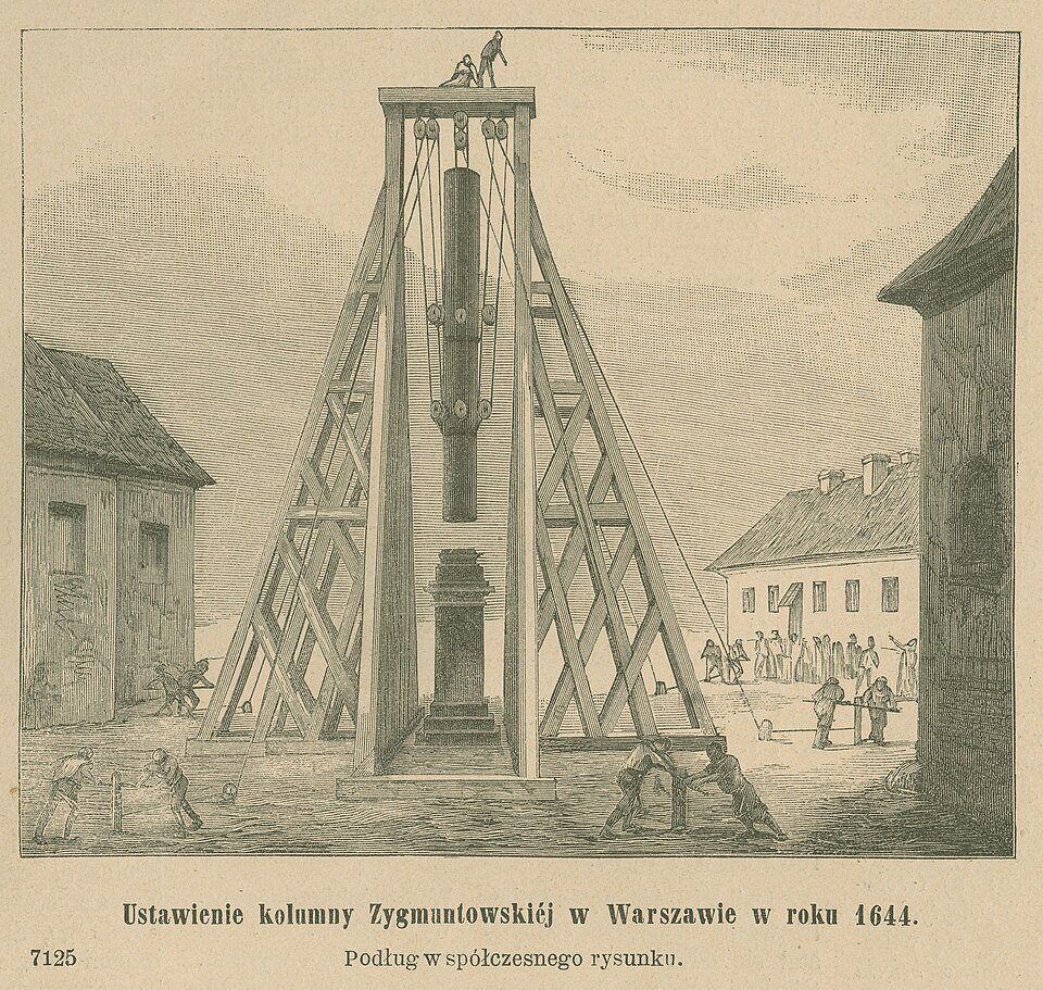 Construction de la colonne de Sigismond à Varsovie, détail de la gravure de 1646.
