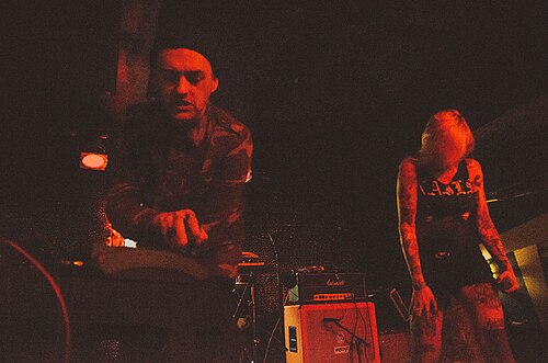 Photo de Ryan George et Sara Taylor en concert sous le nom de Youth Code en 2014.