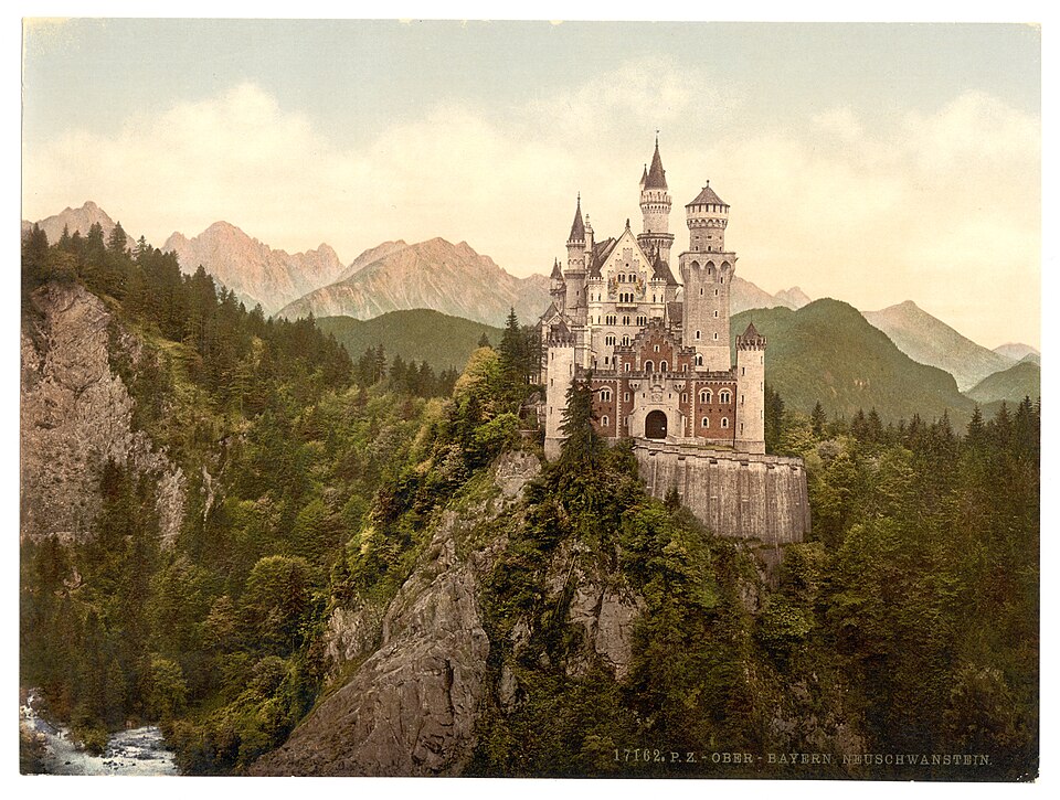 Photochromie des années 1890 du château de Neuschwanstein, en Bavière, Allemagne