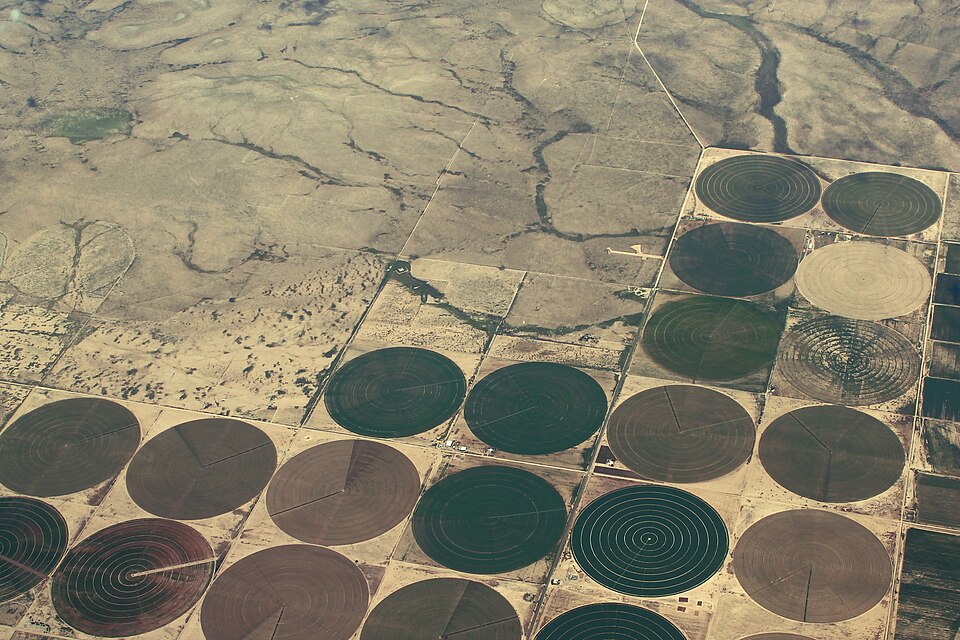 Terres agricoles aux États-Unis. La forme arrondie des champs est due à l'utilisation de l'irrigation par pivot central.