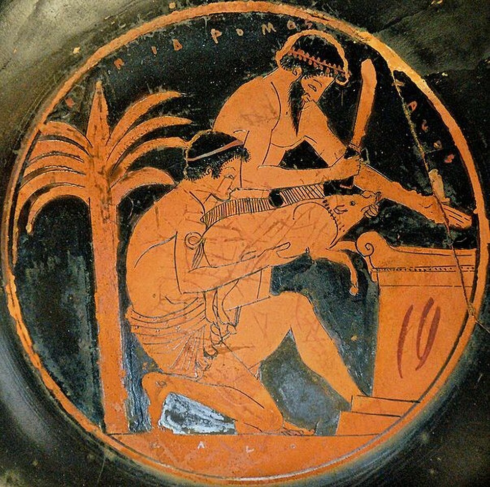 Deux hommes sacrifiant un porc à Déméter. Vase à figures rouges, Grèce antique