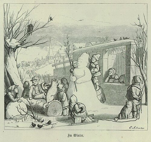 Illustration d'enfants entourant un bonhomme de neige dans une scène hivernale en plein air