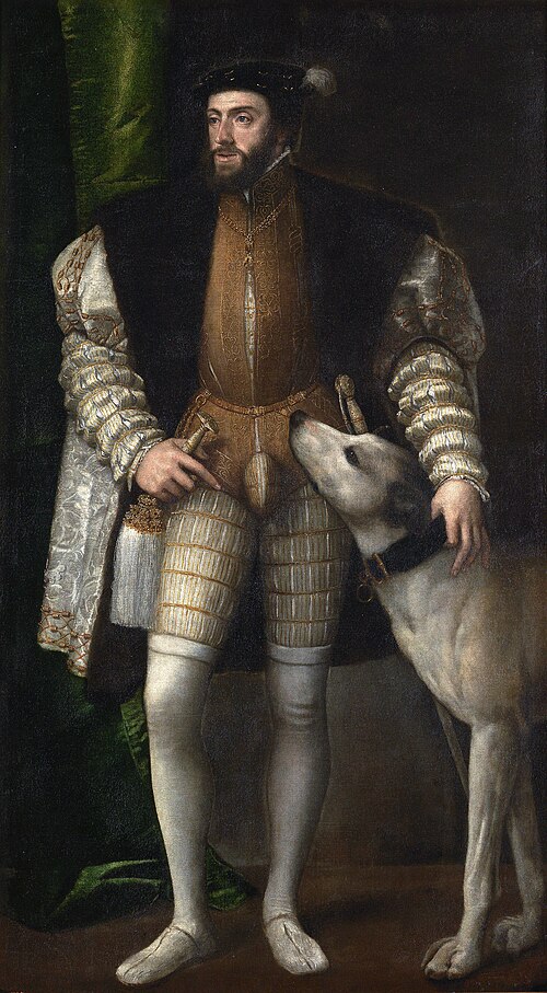 Charles Quint, empereur du Saint-Empire romain germanique, par Titien, 1533, représenté portant une braguette avec un pourpoint court, Musée du Prado.