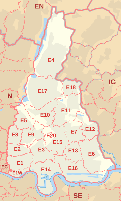 Carte des zones de codes postaux E, indiquant les districts postaux, les villes postales et les zones de codes postaux voisines.