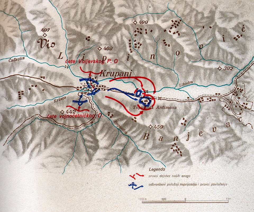 une carte en couleur montrant les positions des forces insurgées et allemandes à Krupanj