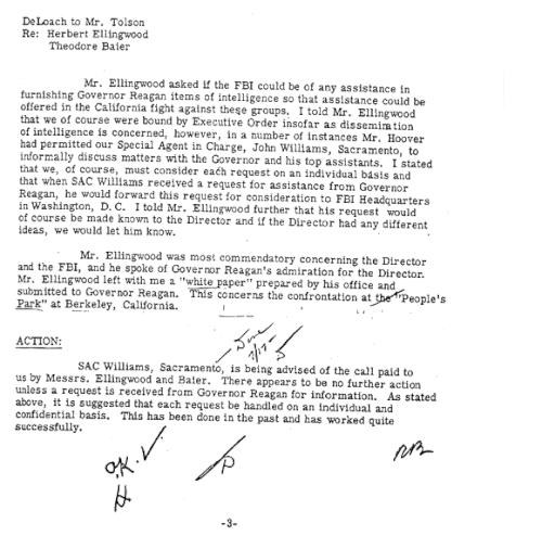 Note du FBI de 1969 concernant la purge de l'Université de Californie à Berkeley par Ronald Reagan, p. 3.