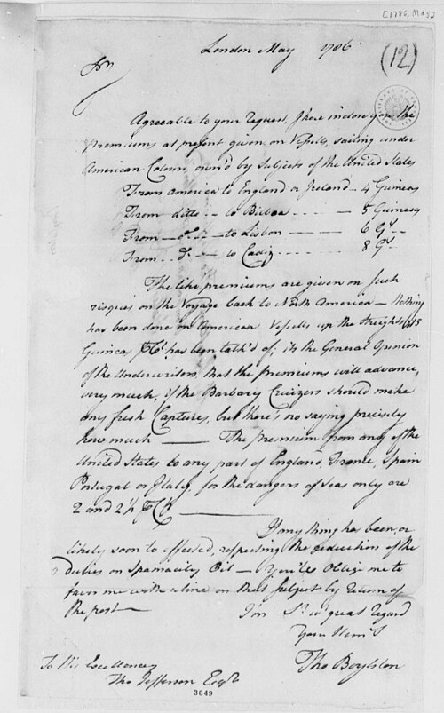 Lettre de Thomas Boylston à Thomas Jefferson, mai 1786, primes d'assurance maritime
