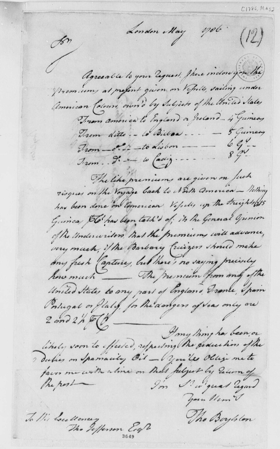 Lettre de Thomas Boylston à Thomas Jefferson, mai 1786, Primes d'assurance maritime