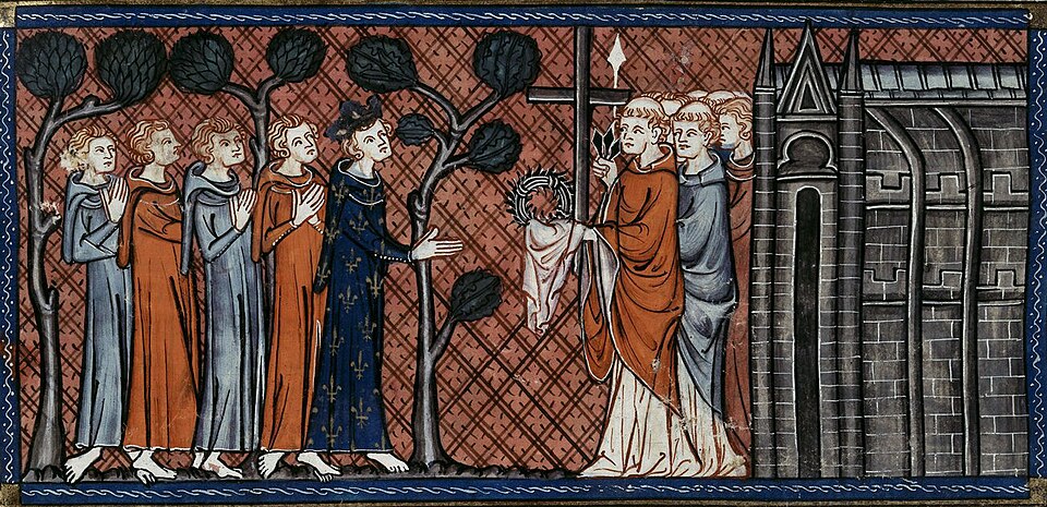 Louis IX reçoit la couronne d'épines et d'autres reliques sacrées pour la Sainte-Chapelle (illustration du XIVe siècle)