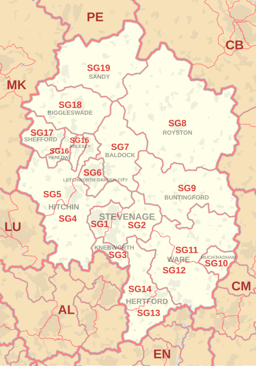 Carte des zones de codes postaux SG, indiquant les districts postaux, les villes postales et les zones de codes postaux voisines.