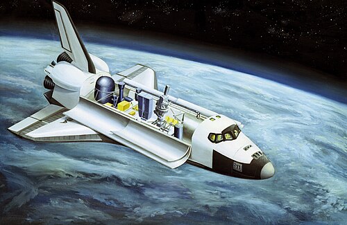 Illustration spatiale de la mission Spacelab 2, montrant certaines des différentes expériences réalisées dans la soute. Spacelab a été une contribution européenne majeure au programme de la navette spatiale