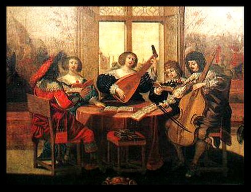 Peinture d'Abraham Bosse, Société musicale, France, vers 1635. Le sujet représente la pratique musicale amateur en société, avec luth, basse de viole et chanteurs, avec des partitions réparties autour de la table. Ce tableau est également représentatif d'un type de consort brisé, bien qu'avec une instrumentation minimale.