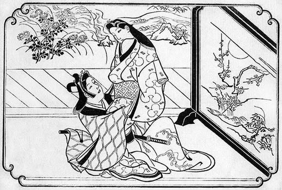 Une illustration en noir et blanc d'un couple d'amoureux en tenue splendide en train de jouer