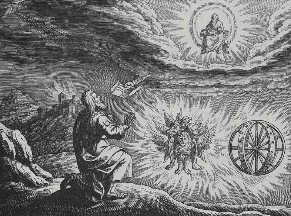 Les chérubins à l'apparence extraordinaire (immédiatement à droite d'Ézéchiel) et les Ophanim (les roues imbriquées) apparaissent dans la vision du char d'Ézéchiel.