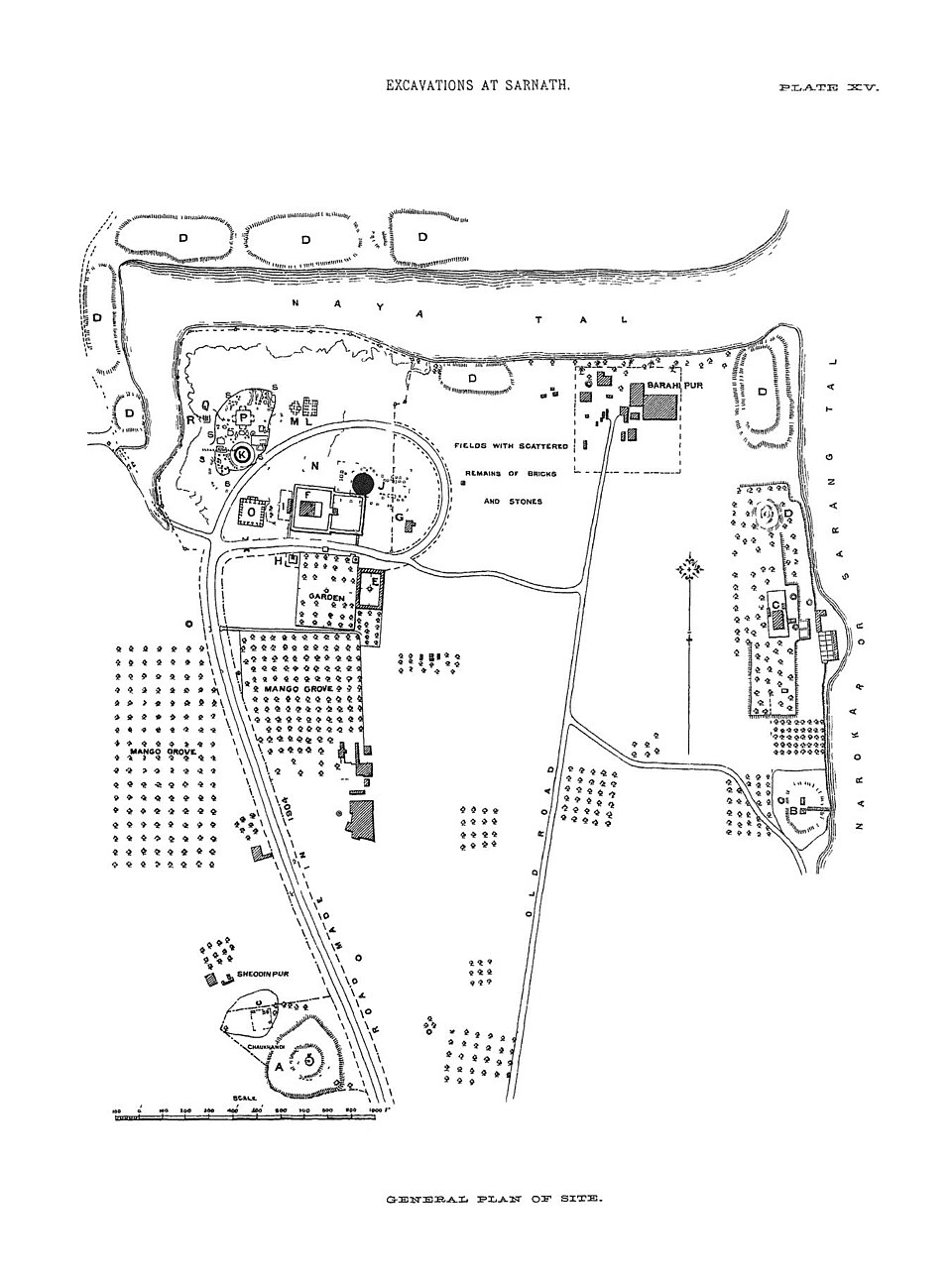 Plan des fouilles de Sarnath, avec les sites étiquetés selon la terminologie d'Alexander Cunningham (1835)